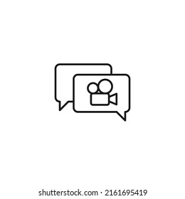 Monochrome outline sign drawn with black thin line. Modern symbol suitable for advertisement, web sites, stores. Vector line icon of video camera inside of speech bubble 