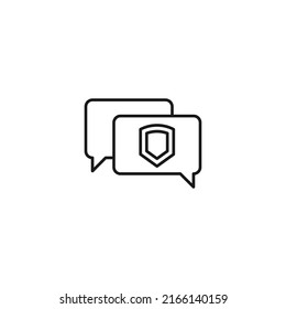 Monochrome outline sign drawn with black thin line. Modern symbol suitable for advertisement, web sites, stores. Vector line icon of armor or shield inside of speech bubble 