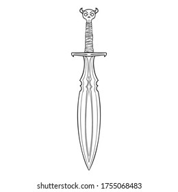dibujo vectorial monocromo de una espada de guerra con mango cráneo.