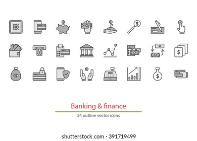 Monochrome outline vector icons on a white background. Money, finance, payments.