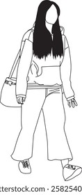 Monochrome outline of a young woman wearing casual attire, including a hoodie, loose pants, and sneakers, with a bag over her shoulder, representing modern fashion and relaxed style.