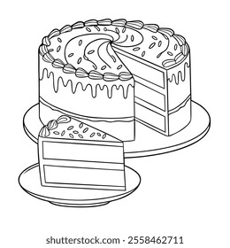 Monochrome outlined drawing of a layered dessert cake, decorated with icing and seeds, featuring a slice taken out on a plate.