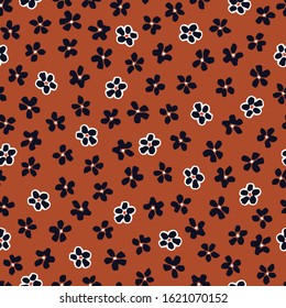 Monochrome outlined graphic abstract daisies floral vector seamless pattern. Simplistic hand drawn white blooms and polka dots on brown background. Retro minimal stylized flowers and dots print.