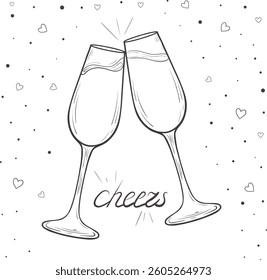 monochrome outlined illustration of two champagne clinking flutes. Festive clipart with two champagne glasses, hearts and dots