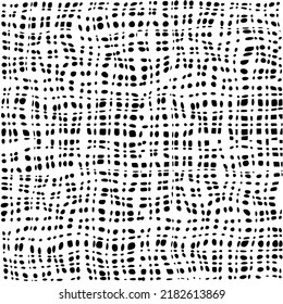 Monochrome overlay texture of rough canvas fiber. Burlap seamless checkered pattern. Black and white dot lattice fabric. Textile grid, braided thread background. Cloth linen sack backdrop. Vector 