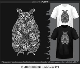 Monochrome owl bird mandala arts isolated on black and white t shirt.
