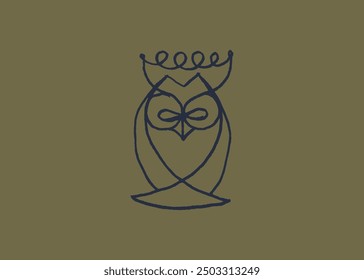 Monochrome owl totem. Vector cartoon sign of owl in trendy hand drawn style with natural pencil texture. Bird character symbol design. Line art eagle-owl doodle. Flying animal icon.