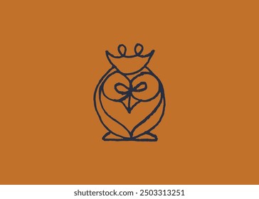 Monochrome owl totem. Vector cartoon sign of owl in trendy hand drawn style with natural pencil texture. Bird character symbol design. Line art eagle-owl doodle. Flying animal icon.