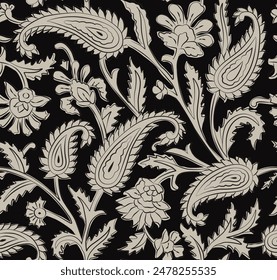 MONOCHROM PAISLEY FLORAL NAHTLOSES MUSTER ÜBER DIE GESAMTE DRUCK-VEKTORILLUSTRATION