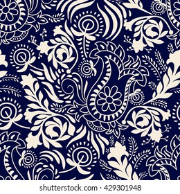 Monochrome Paisley wallpaper, floral pattern. Vector indian decorative wallpaper. Batik indonesia. Two color pattern with paisley, stylized flowers. Design for wrapping paper, cover, fabric, textile