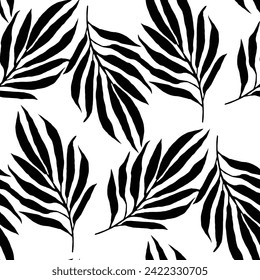 Monochrome palm leaves arranged on white background. Seamless pattern design textile.