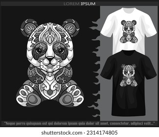 Monochrome panda mandala arts isolated on black and white t shirt.