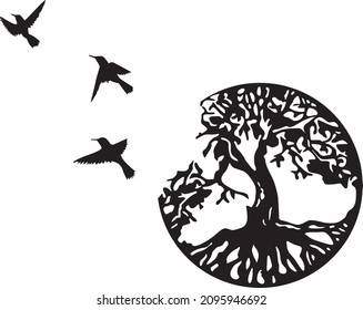 monochrome panno line black decoration logo design abstract line art geometry contour birds nature tree