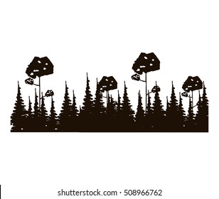 monochrome panoramic forest with pines and leafy trees