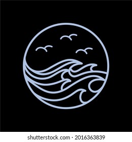 Monochrome Panoramic Ocean Waves Night Scenenery Line Art T-shirt Design Illustration