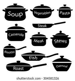 Monochrome pans and pots icon set. Cookware vector illustration.