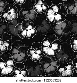 Monochrome Pansies seamless pattern.Hand drawn illustration of ornamental plant.  Vector drawing. 