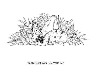 Monochrome papaya, kiwano, Pitahaya, maracuja among tropical leaves hand drawn composition painted by black inks. Sweet whole and sliced fruits graphic illustration. Summertime plants for print.