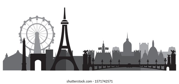  Monochrome Paris City Skyline silhouette vector Illustration in black and grey colors isolated on white background. Panoramic vector silhouette Illustration of landmarks of Paris, France.