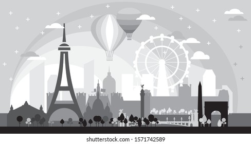 Monochrome Paris skyline silhouette vector illustration in black and grey colors on black background. Panoramic vector illustration of landmarks of Paris, France at sunset.