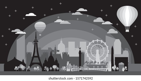 Monochrome Paris skyline silhouette vector illustration in black and grey colors on black background. Panoramic vector illustration of landmarks of Paris, France in nightime.