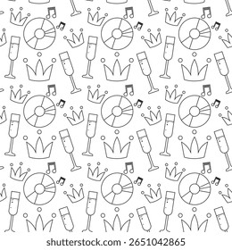 Monocromático padrão sem emenda com tema de festa em design de contorno. Inclui bolo, balões, confete. Ótimo para aniversários, convites e embrulho de presente.