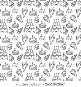 Monocromático padrão sem emenda com tema de festa em design de contorno. Inclui bolo, balões, confete. Ótimo para aniversários, convites e embrulho de presente.