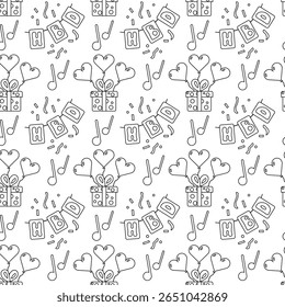 Monochrome party-themed seamless pattern in outline design. Includes cake, balloons, confetti. Great for birthdays, invitations, and gift wrap.