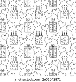Monocromático padrão sem emenda com tema de festa em design de contorno. Inclui bolo, balões, confete. Ótimo para aniversários, convites e embrulho de presente.