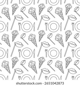 Monocromático padrão sem emenda com tema de festa em design de contorno. Inclui bolo, balões, confete. Ótimo para aniversários, convites e embrulho de presente.