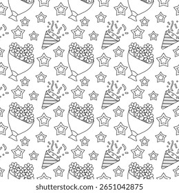 Monocromático padrão sem emenda com tema de festa em design de contorno. Inclui bolo, balões, confete. Ótimo para aniversários, convites e embrulho de presente.