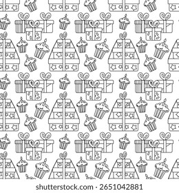 Monocromático padrão sem emenda com tema de festa em design de contorno. Inclui bolo, balões, confete. Ótimo para aniversários, convites e embrulho de presente.