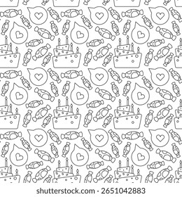 Monocromático padrão sem emenda com tema de festa em design de contorno. Inclui bolo, balões, confete. Ótimo para aniversários, convites e embrulho de presente.