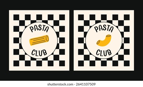 Monochrome pasta club label with orzo pasta, checkered pattern and vintage font – minimalist Italian food packaging