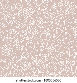 Monochrome pastel seamless pattern with berries, acorns and oak leaves and twigs .