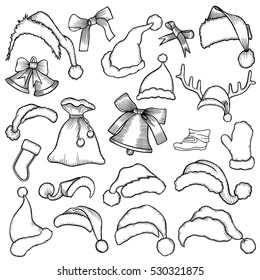 Monochrome patch badges of different Merry Christmas attributes. Set of Happy New Year stickers, pins, magnets in cartoon comic style. Santa Claus Mittens, candy cane, beard, cap and bell