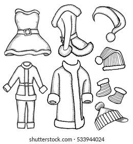 Monochrome patch badges of different Merry Christmas attributes. Set of Happy New Year stickers, pins, magnets in cartoon comic style. Santa Claus costumes, caps sock