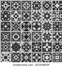 Monochrome patchwork pixel art seamless pattern. Square ornaments print. Gray tile background. 8 bit wrapping paper, textile, interior fabric design. Many different geometric decorative elements.