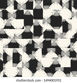 Monochrome Patchwork Textured Distressed Graphic Motif. Seamless Pattern.