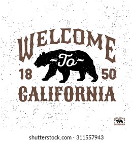 monochrome patriotic hipster vintage label , badge, crest "welcome to california" for flayer poster logo or t-shirt apparel clothing print with lettering and bear