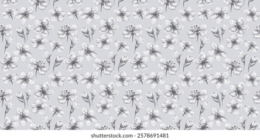 Monochrome pattern with abstract artistic florals. Vector hand drawing. Ditsy tiny flowers and small buds seamless print on a grey background. Designs ornaments for textiles, fabric, cover