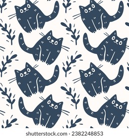 Monochrome pattern with black cats. Vector illustration.