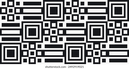 Patrón monocromo de azulejos blancos y negros en línea, tablero de ajedrez y anillos. Alternando Formas en blanco y negro.