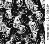 Monochrome pattern with bottles of poison with human skull inside, beer glass with with potion. Pentagram sign, poison splashes on black background. Halloween creepy graphics