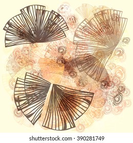 Monochrome pattern of brown leaves and feathers. Vector template. For Boho design
