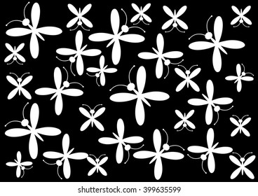 The monochrome pattern of  butterflies on a black background