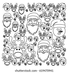 monochrome pattern of christmas faces silhouettes vector illustration
