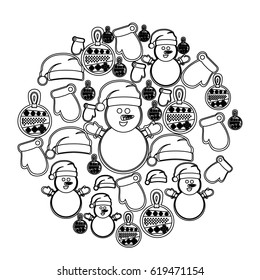 monochrome pattern of christmas silhouettes in round shape vector illustration