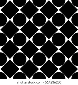 Monochrome pattern, circle, square, tile, seamless vector background.