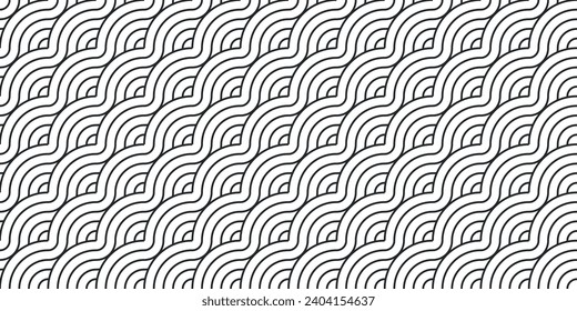 Monochrome pattern of circles and lines. Seamless black and white pattern of circles connected in diagonal waves.